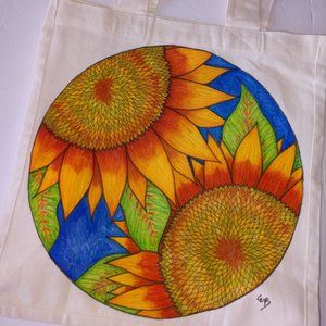Handmade Painted Tote Bag With Yellow Hand Drawn Sunflowers 14x13x7 inches NWT